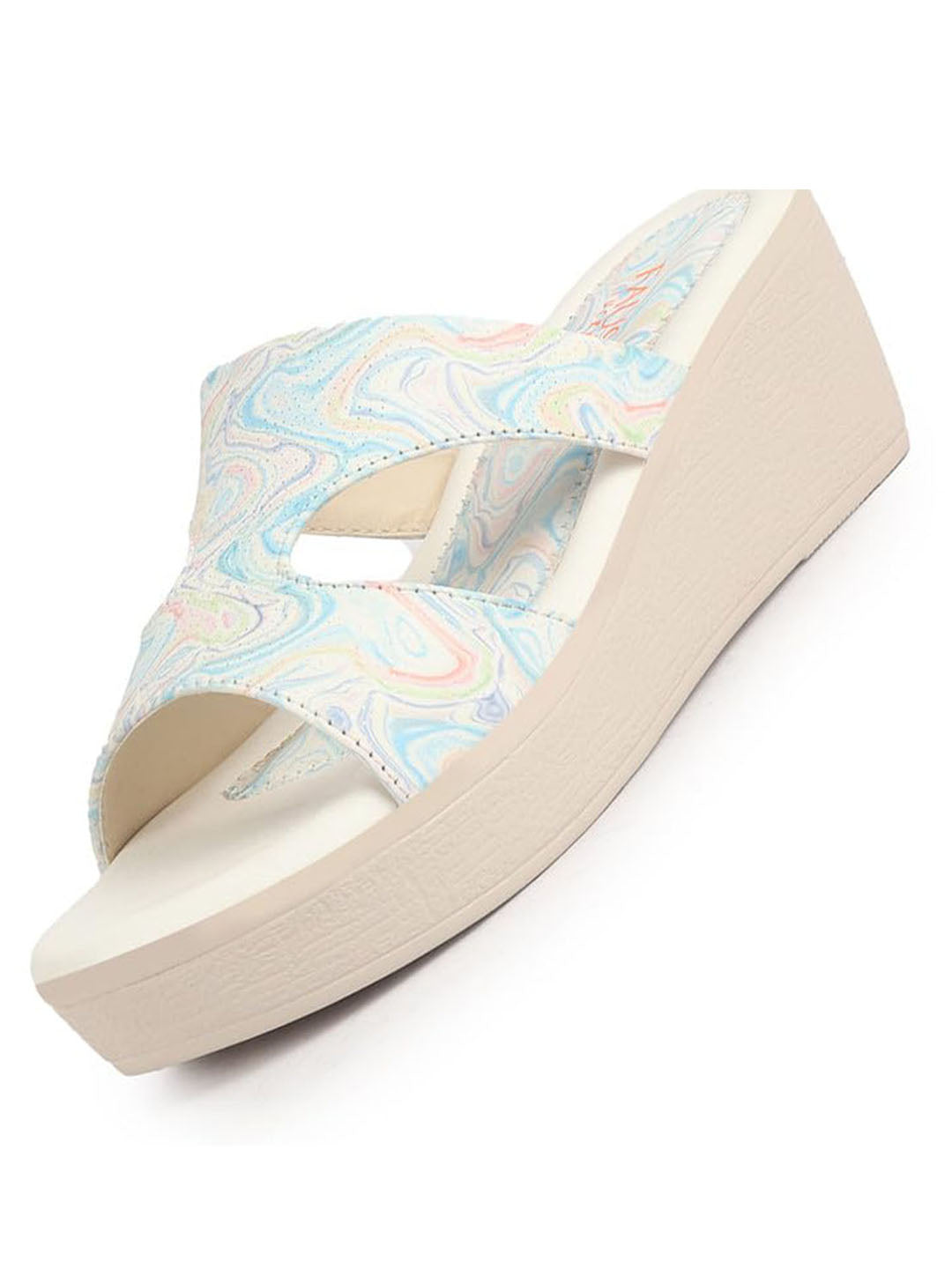 women blue open toe printed height enhancer slip on wedges|slipper sandals for work|office wear