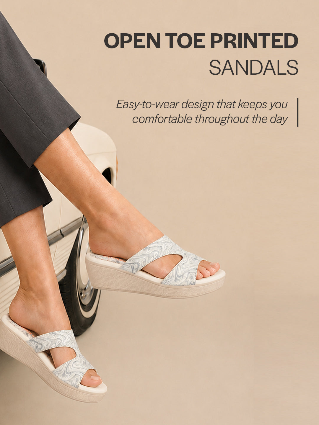 women grey open toe printed height enhancer slip on wedges|slipper sandals for work|office wear