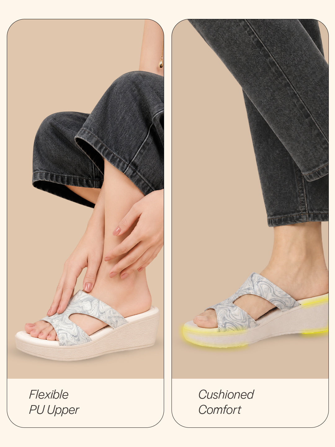 women grey open toe printed height enhancer slip on wedges|slipper sandals for work|office wear