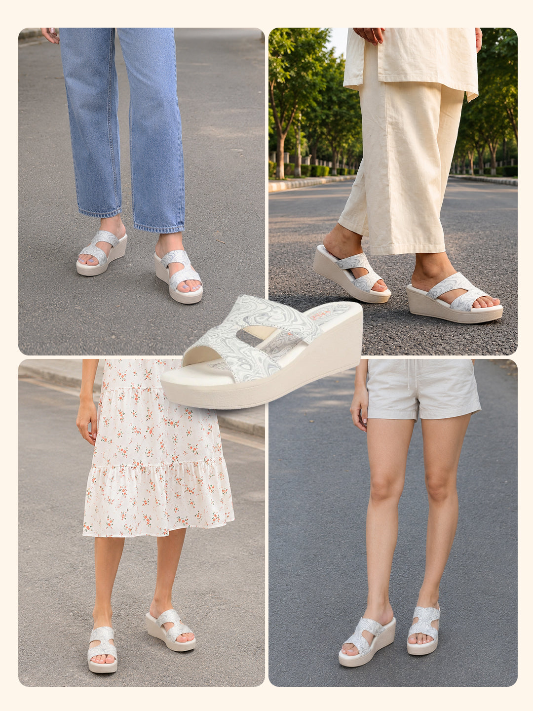 women grey open toe printed height enhancer slip on wedges|slipper sandals for work|office wear