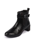 Women Black Flared Heel High Ankle Leopard Print Embossed Design Winter Buckle Strap Chelsea Boots