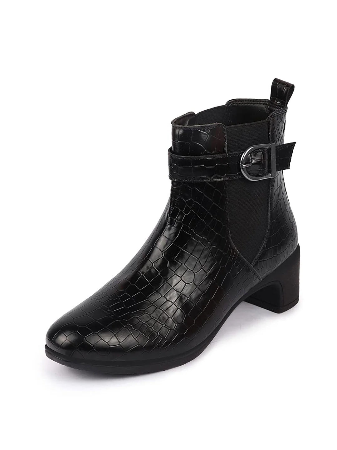 Women Black Flared Heel High Ankle Leopard Print Embossed Design Winter Buckle Strap Chelsea Boots