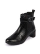 Women Black Flared Heel High Ankle Leopard Print Embossed Design Winter Buckle Strap Chelsea Boots