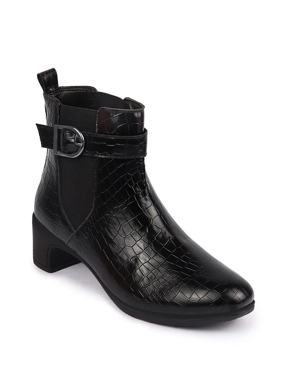 Shop Women Black Flared Heel High Ankle Leopard Print Embossed Design Winter Buckle Strap Chelsea Boots Online.