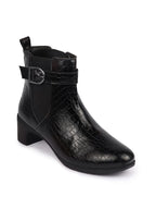 Shop Women Black Flared Heel High Ankle Leopard Print Embossed Design Winter Buckle Strap Chelsea Boots Online.
