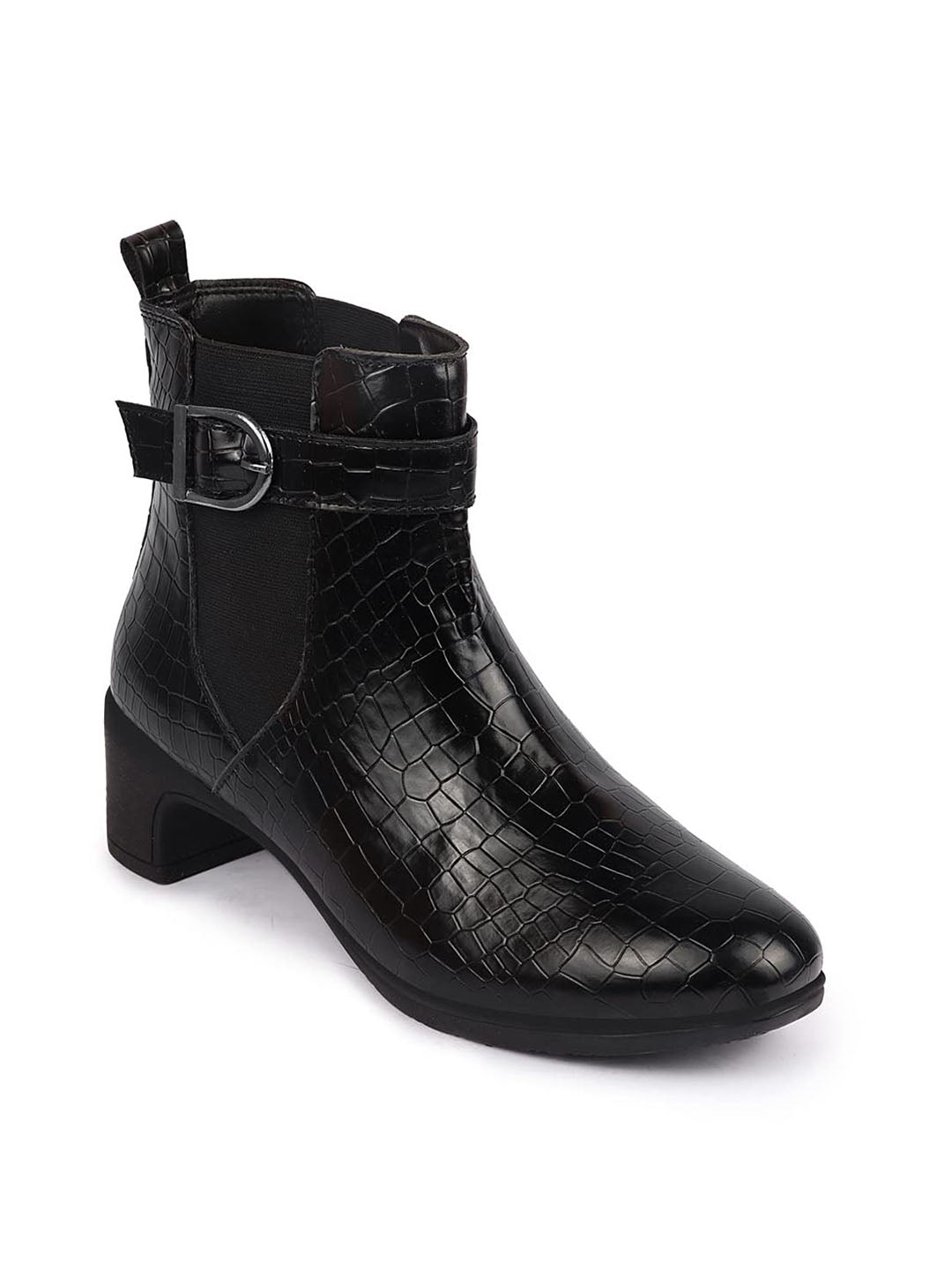 Shop Women Black Flared Heel High Ankle Leopard Print Embossed Design Winter Buckle Strap Chelsea Boots Online.
