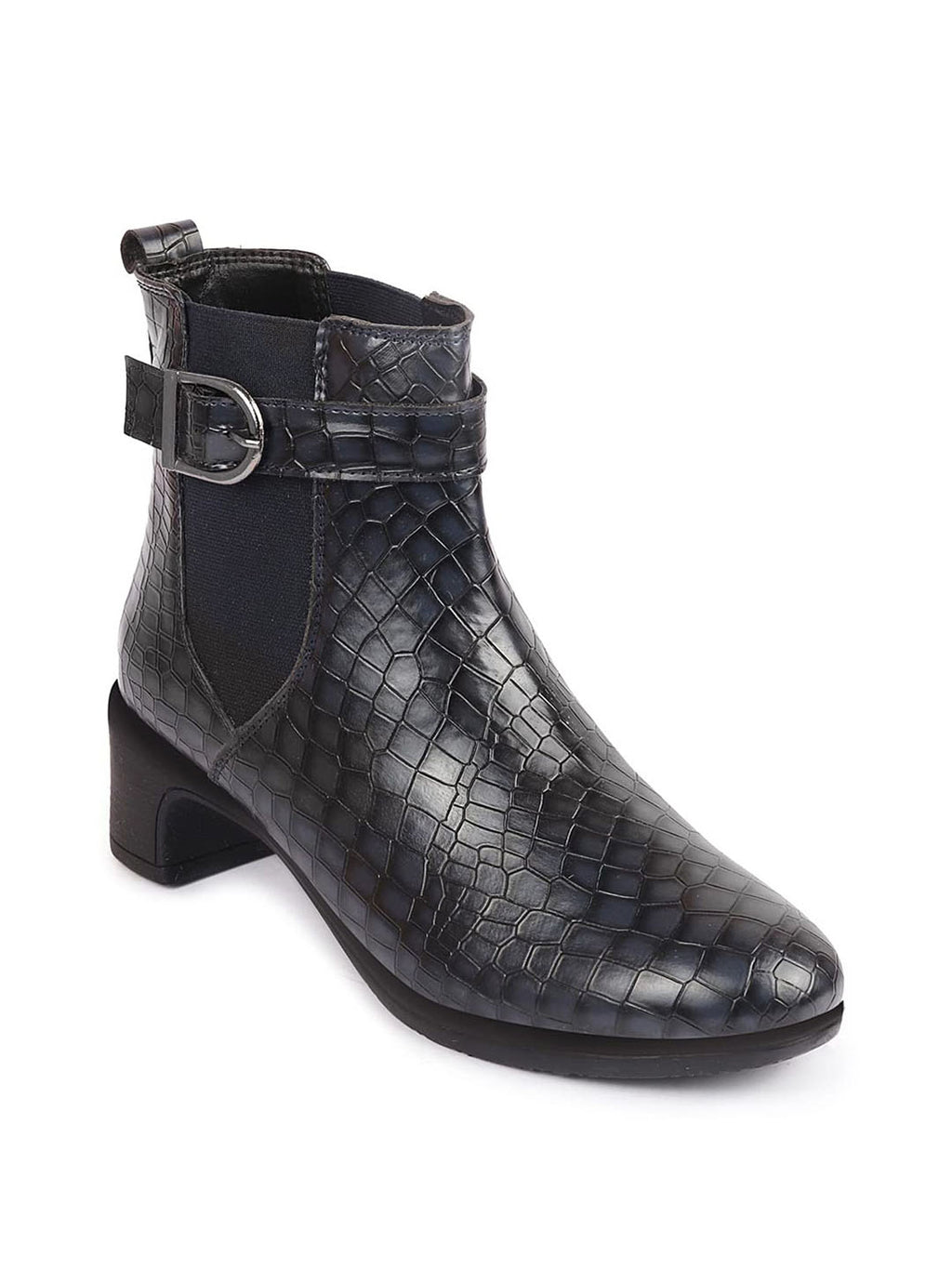 Shop Women Navy Blue Flared Heel High Ankle Leopard Print Embossed Design Winter Buckle Strap Chelsea Boots Online.