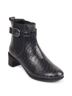 Shop Women Navy Blue Flared Heel High Ankle Leopard Print Embossed Design Winter Buckle Strap Chelsea Boots Online.