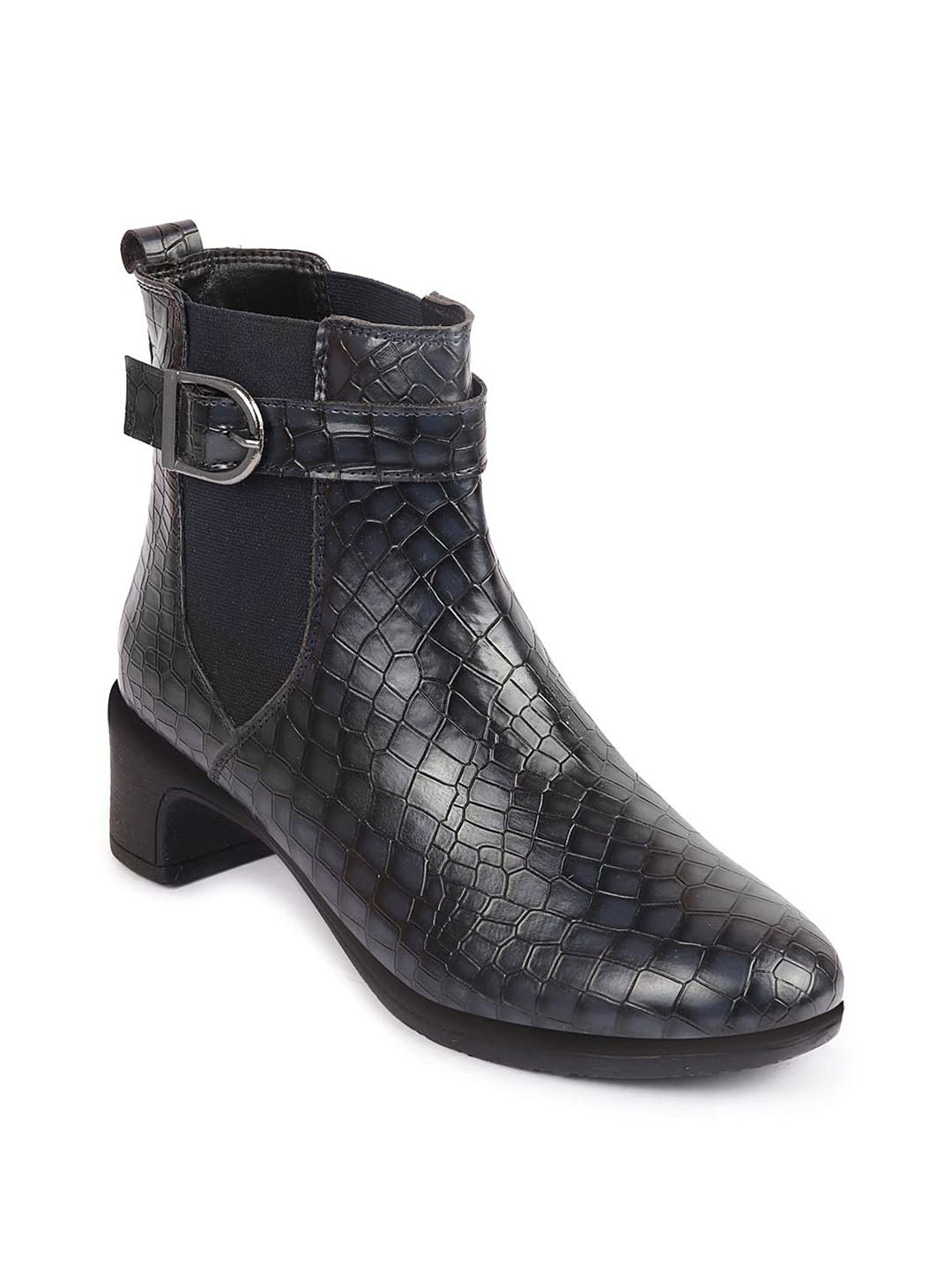 Shop Women Navy Blue Flared Heel High Ankle Leopard Print Embossed Design Winter Buckle Strap Chelsea Boots Online.