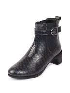 Shop Women Navy Blue Flared Heel High Ankle Leopard Print Embossed Design Winter Buckle Strap Chelsea Boots Online.