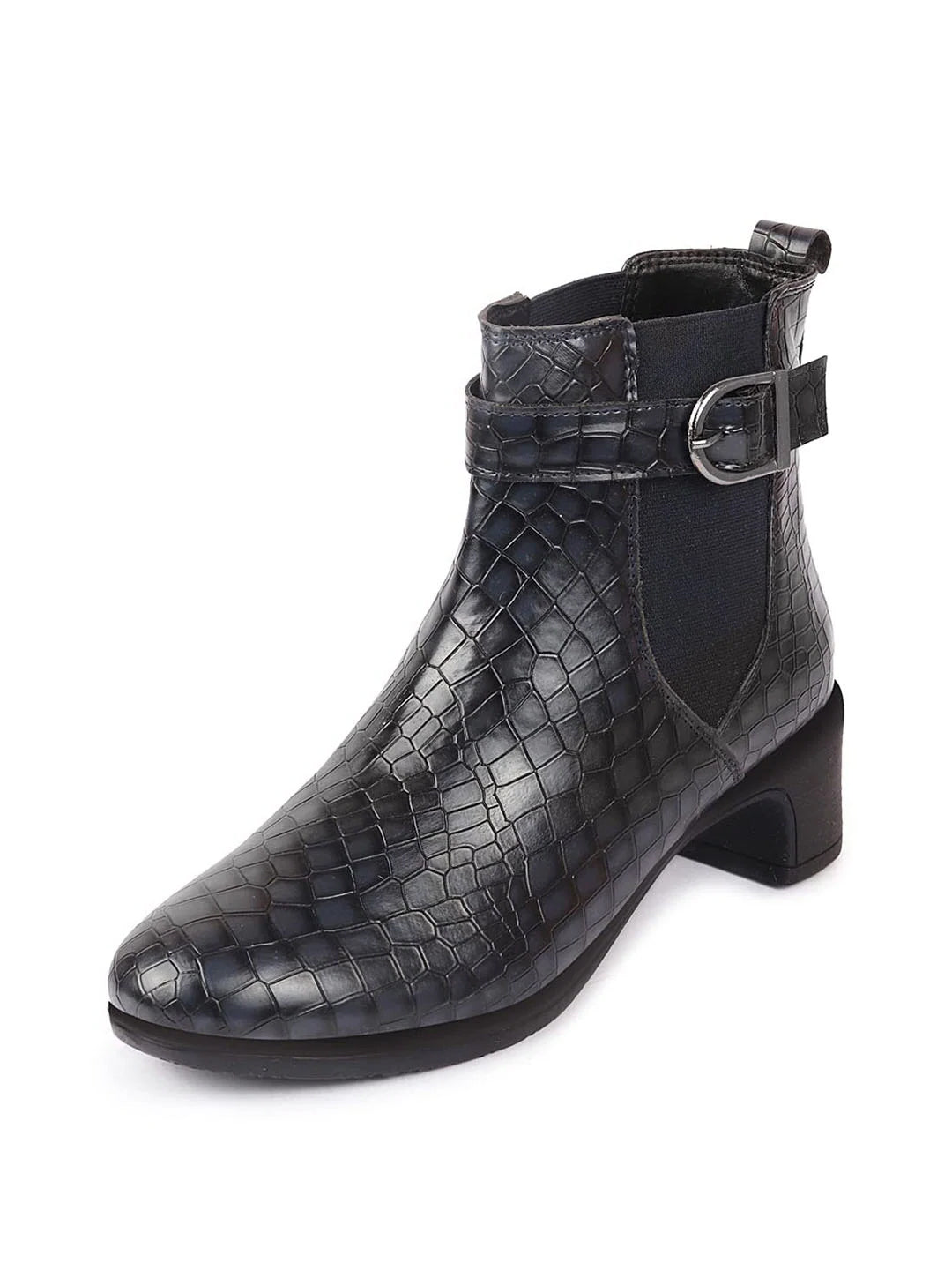 Shop Women Navy Blue Flared Heel High Ankle Leopard Print Embossed Design Winter Buckle Strap Chelsea Boots Online.