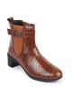 Women Tan Flared Heel High Ankle Leopard Print Embossed Design Winter Buckle Strap Chelsea Boots