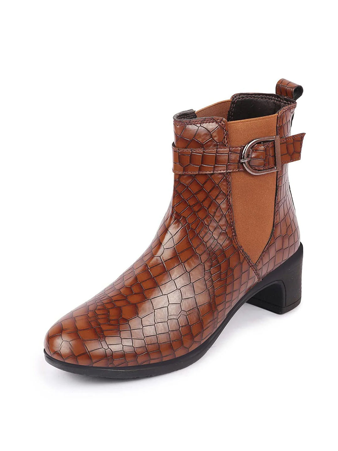 Shop Women Tan Flared Heel High Ankle Leopard Print Embossed Design Winter Buckle Strap Chelsea Boots Online.