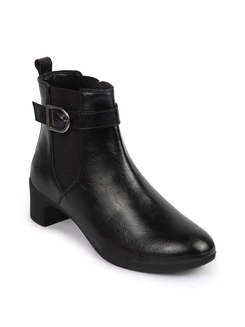 Shop Women Black Flared Heel High Ankle Classic Winter Buckle Strap Chelsea Boots Online.