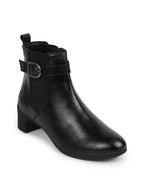 Shop Women Black Flared Heel High Ankle Classic Winter Buckle Strap Chelsea Boots Online.