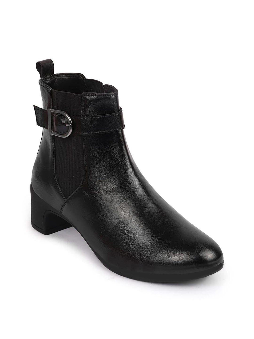 Shop Women Black Flared Heel High Ankle Classic Winter Buckle Strap Chelsea Boots Online.