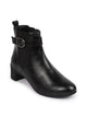 Women Black Flared Heel High Ankle Classic Winter Buckle Strap Chelsea Boots