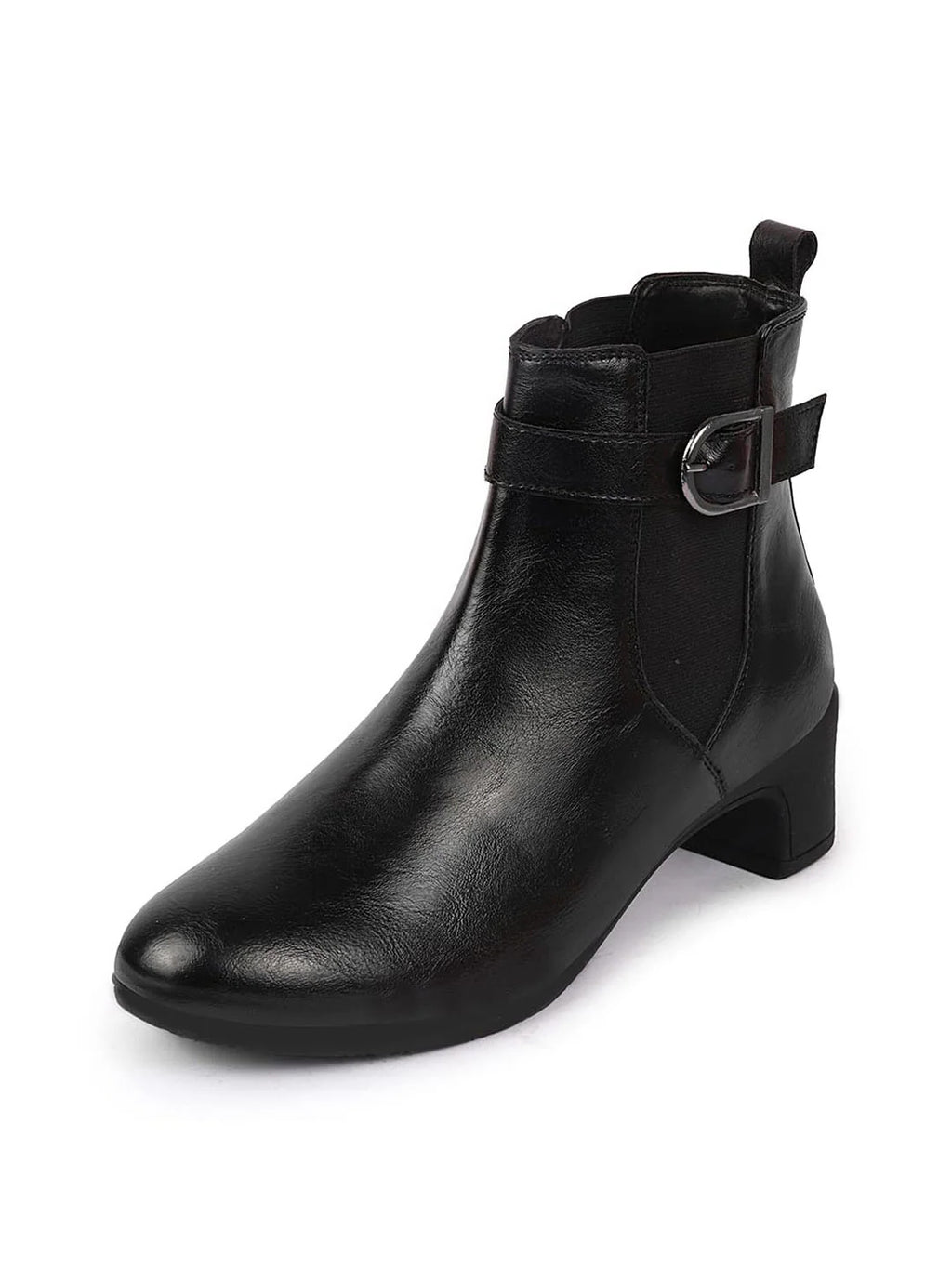 Shop Women Black Flared Heel High Ankle Classic Winter Buckle Strap Chelsea Boots Online.