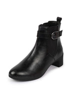 Shop Women Black Flared Heel High Ankle Classic Winter Buckle Strap Chelsea Boots Online.