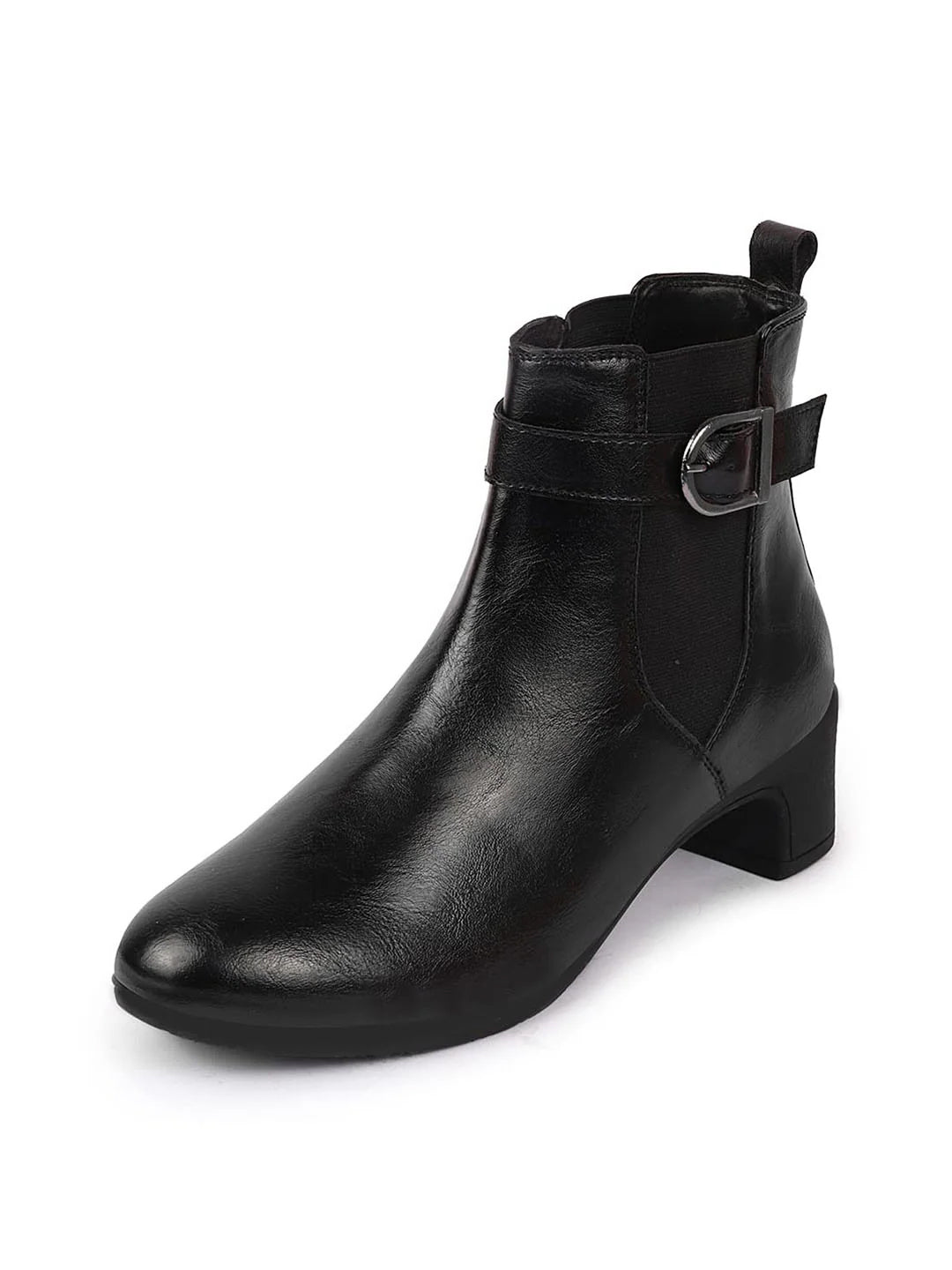 Shop Women Black Flared Heel High Ankle Classic Winter Buckle Strap Chelsea Boots Online.