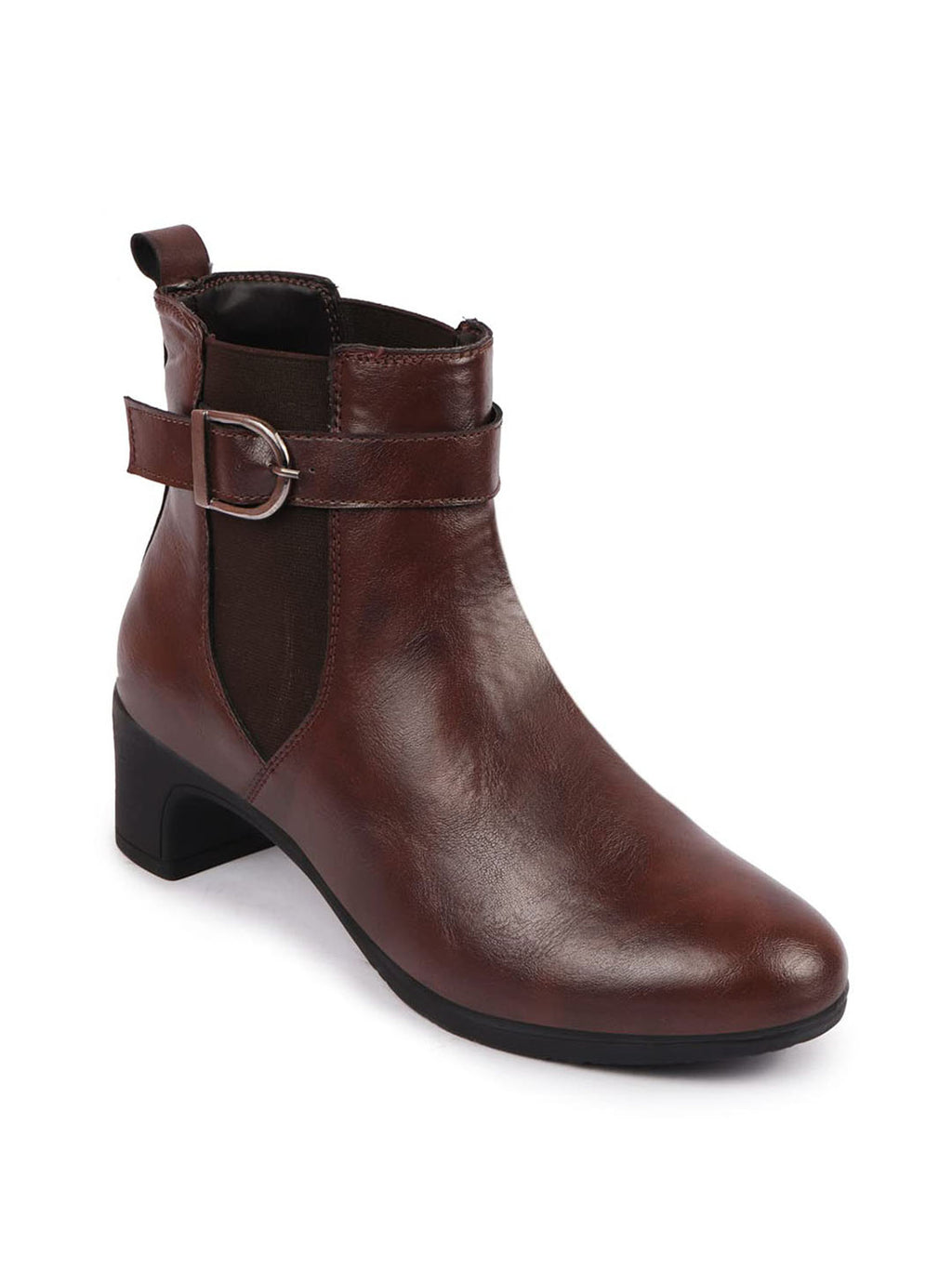 Shop Women Brown Flared Heel High Ankle Classic Winter Buckle Strap Chelsea Boots Online.