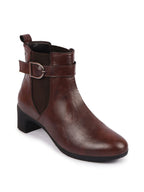 Shop Women Brown Flared Heel High Ankle Classic Winter Buckle Strap Chelsea Boots Online.
