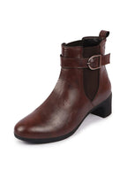 Shop Women Brown Flared Heel High Ankle Classic Winter Buckle Strap Chelsea Boots Online.