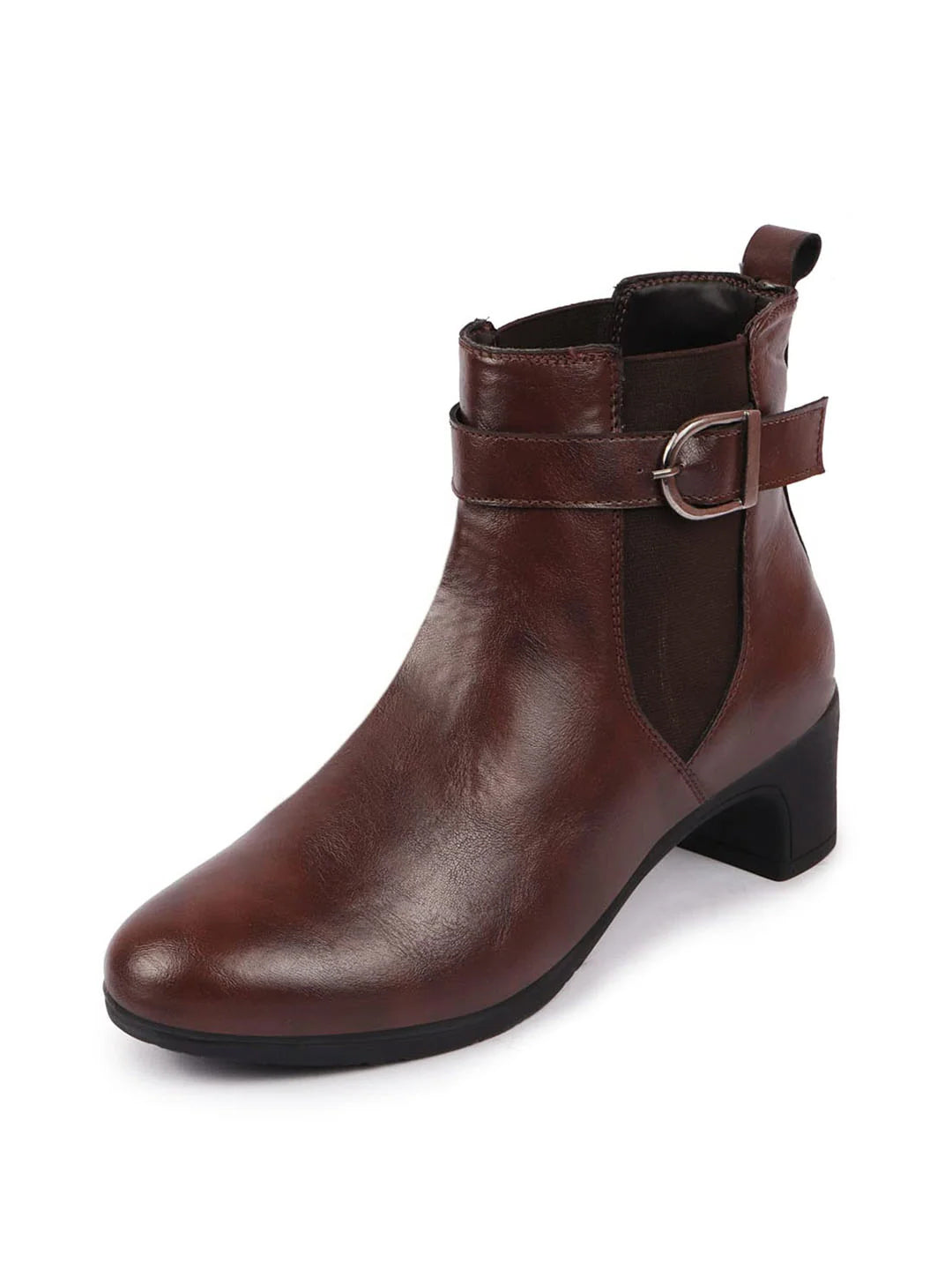 Shop Women Brown Flared Heel High Ankle Classic Winter Buckle Strap Chelsea Boots Online.