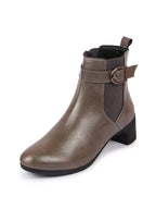 Shop Women Grey Flared Heel High Ankle Classic Winter Buckle Strap Chelsea Boots Online.