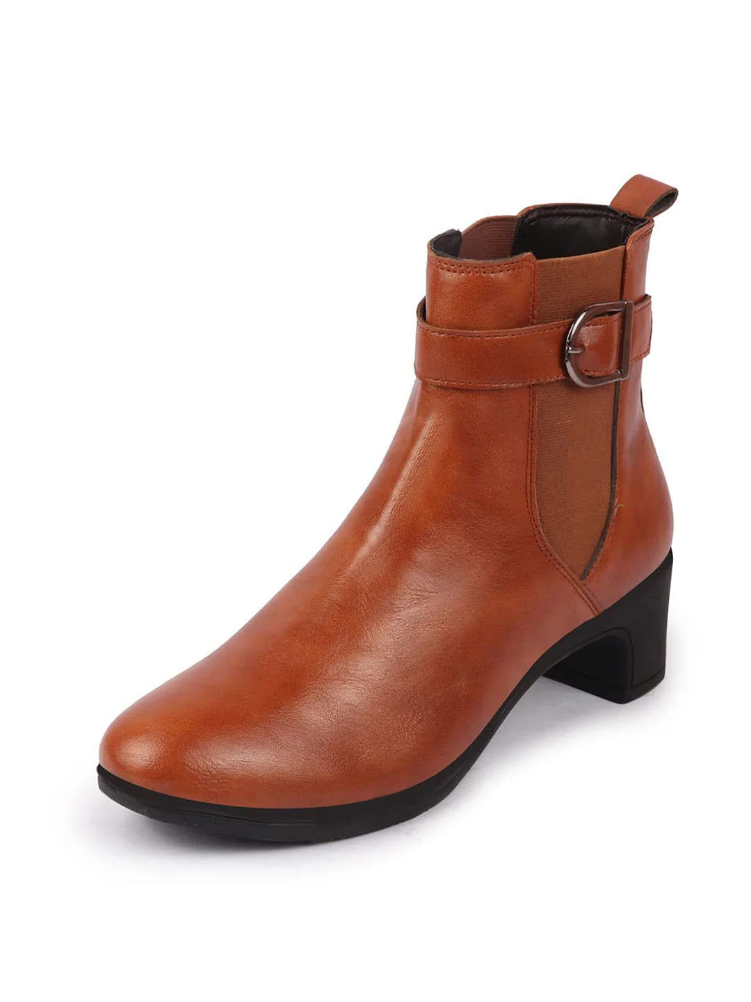 Shop Women Tan Flared Heel High Ankle Classic Winter Buckle Strap Chelsea Boots Online.
