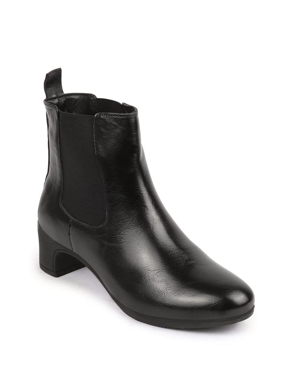 Shop Women Black Flared Heel High Ankle Top Winter Chelsea Boots Online.