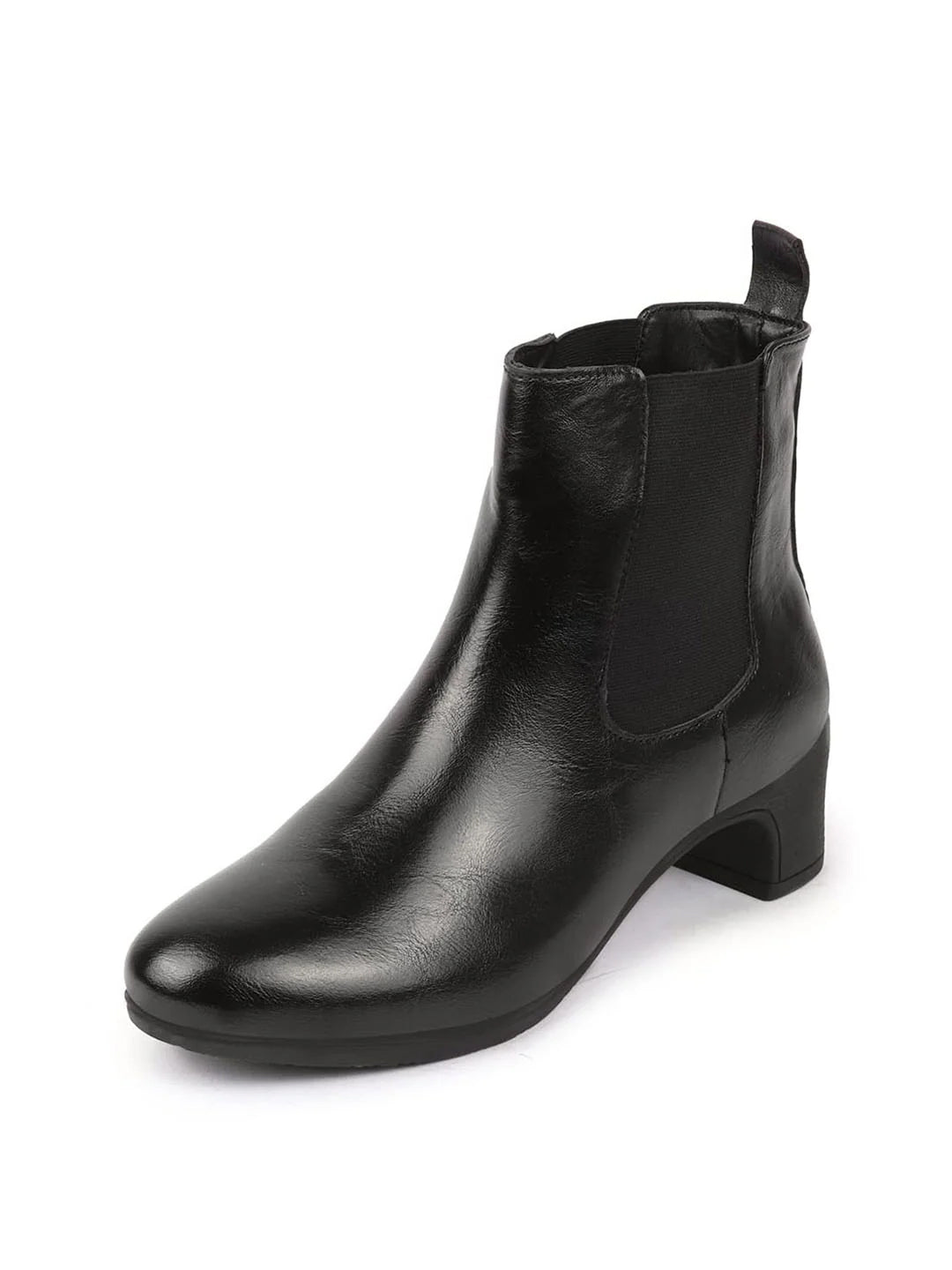 Shop Women Black Flared Heel High Ankle Top Winter Chelsea Boots Online.