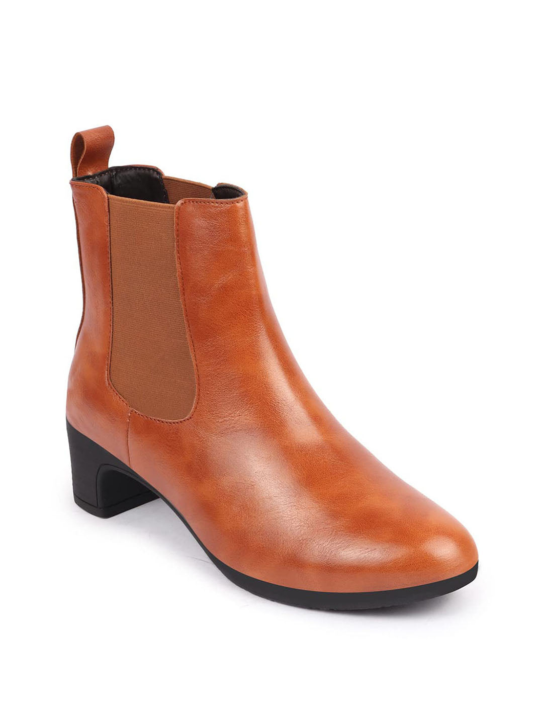 Shop Women Tan Flared Heel High Ankle Top Winter Chelsea Boots Online.