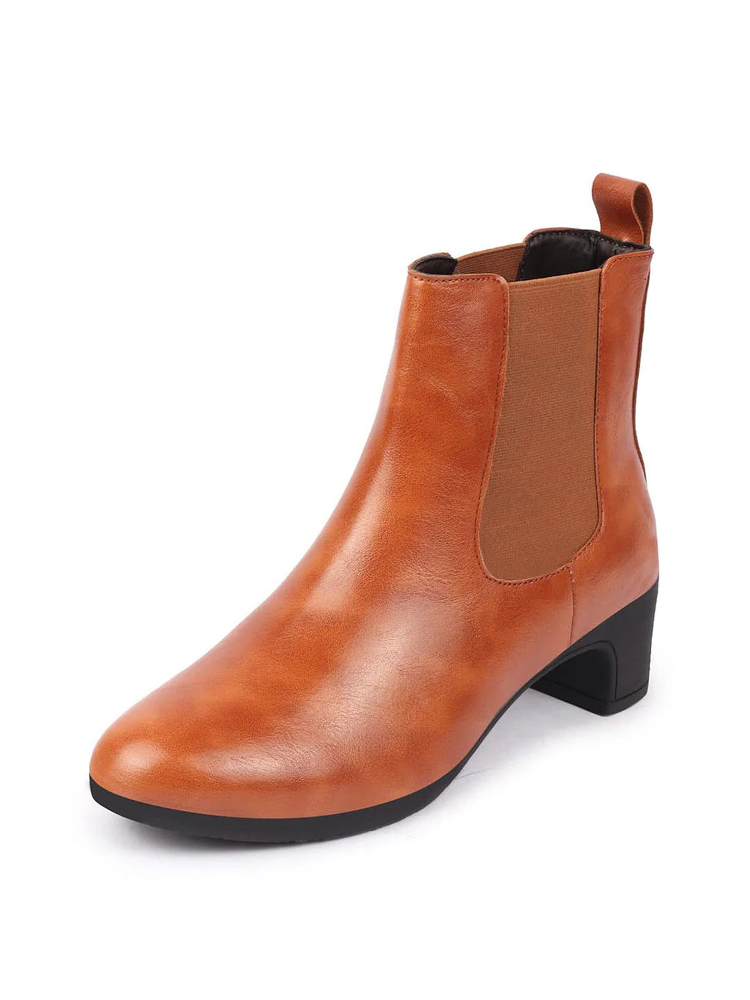 Shop Women Tan Flared Heel High Ankle Top Winter Chelsea Boots Online.