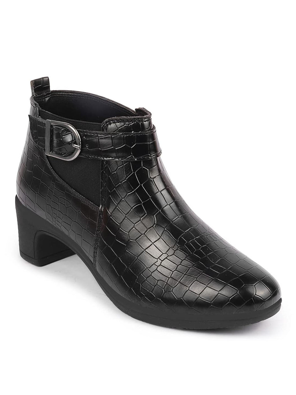 Shop Women Black Flared Heel Mid Top Leopard Print Embossed Design Buckle Strap Chelsea Boots Online.
