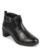 Shop Women Black Flared Heel Mid Top Leopard Print Embossed Design Buckle Strap Chelsea Boots Online.