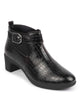 Women Black Flared Heel Mid Top Leopard Print Embossed Design Buckle Strap Chelsea Boots