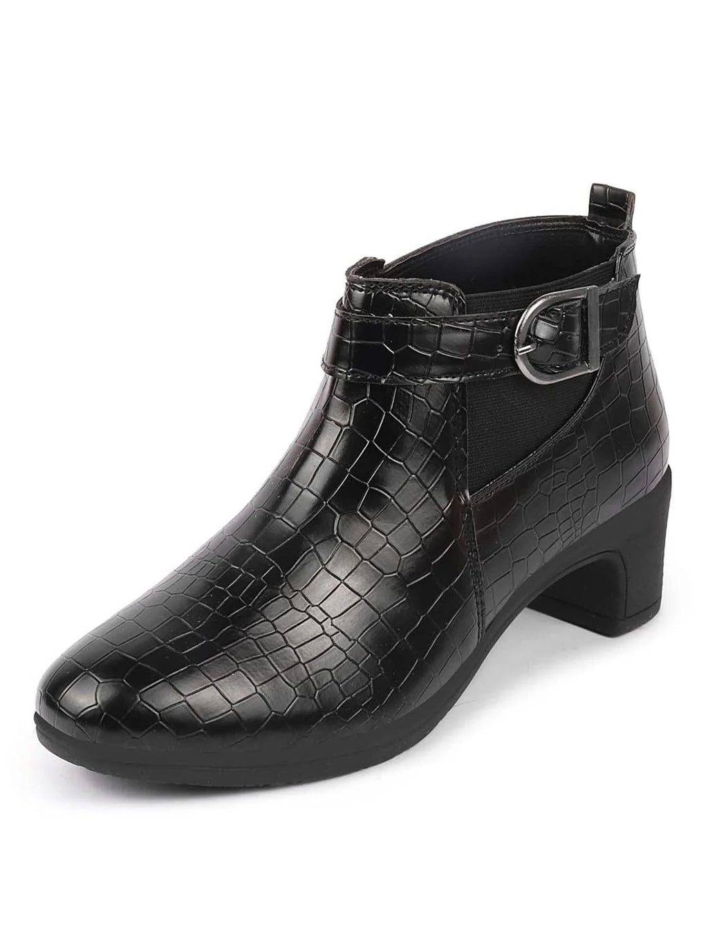 Shop Women Black Flared Heel Mid Top Leopard Print Embossed Design Buckle Strap Chelsea Boots Online.