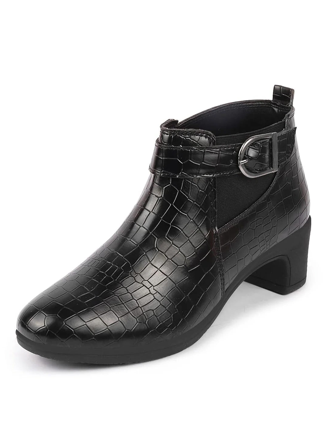 Shop Women Black Flared Heel Mid Top Leopard Print Embossed Design Buckle Strap Chelsea Boots Online.