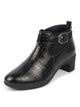 Women Black Flared Heel Mid Top Leopard Print Embossed Design Buckle Strap Chelsea Boots