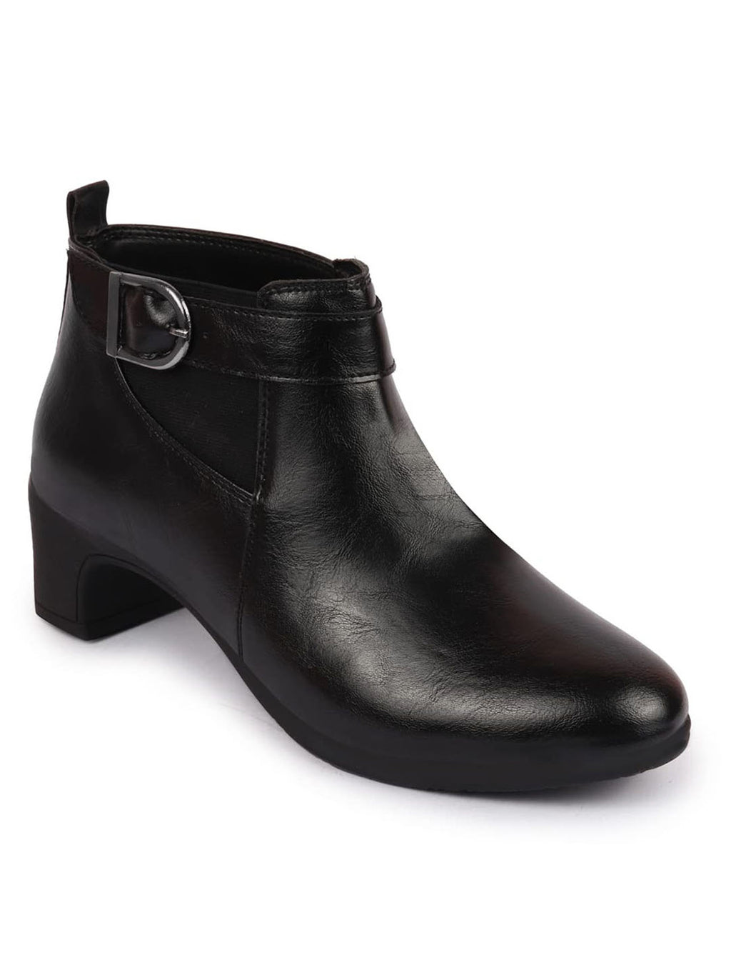 women black flared heel mid ankle classic winter buckle strap chelsea boots