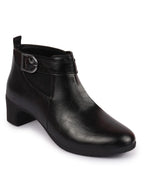 women black flared heel mid ankle classic winter buckle strap chelsea boots