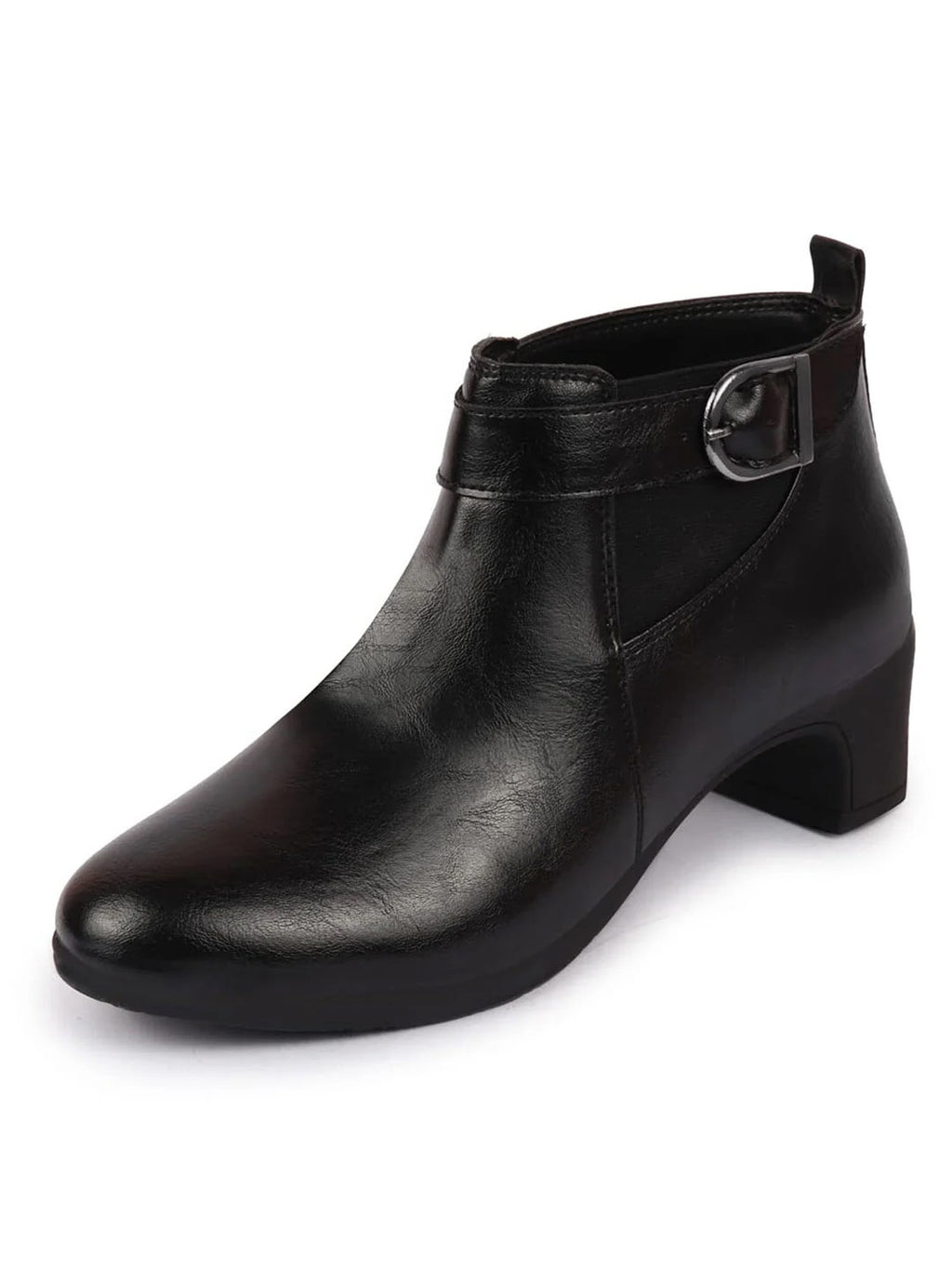 women black flared heel mid ankle classic winter buckle strap chelsea boots