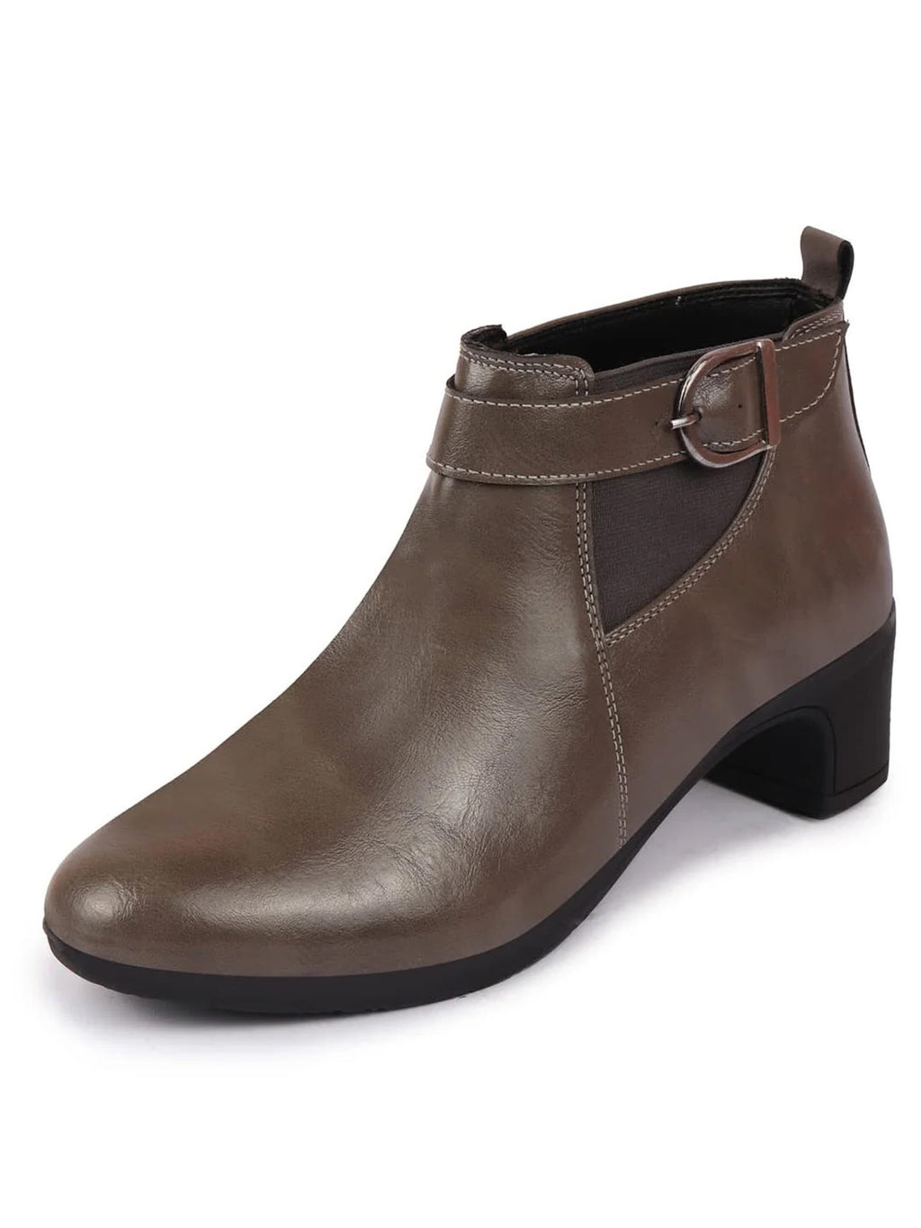 Women Grey Flared Heel Mid Ankle Classic Winter Buckle Strap Chelsea Boots