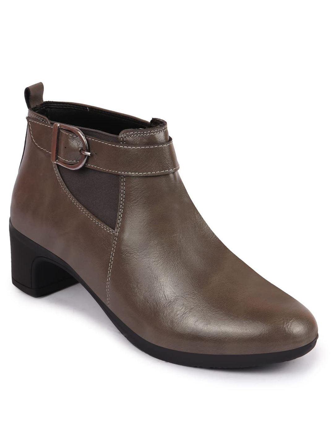 women grey flared heel mid ankle classic winter buckle strap chelsea boots