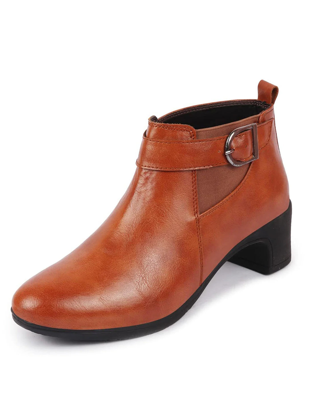 women tan flared heel mid ankle classic winter buckle strap chelsea boots
