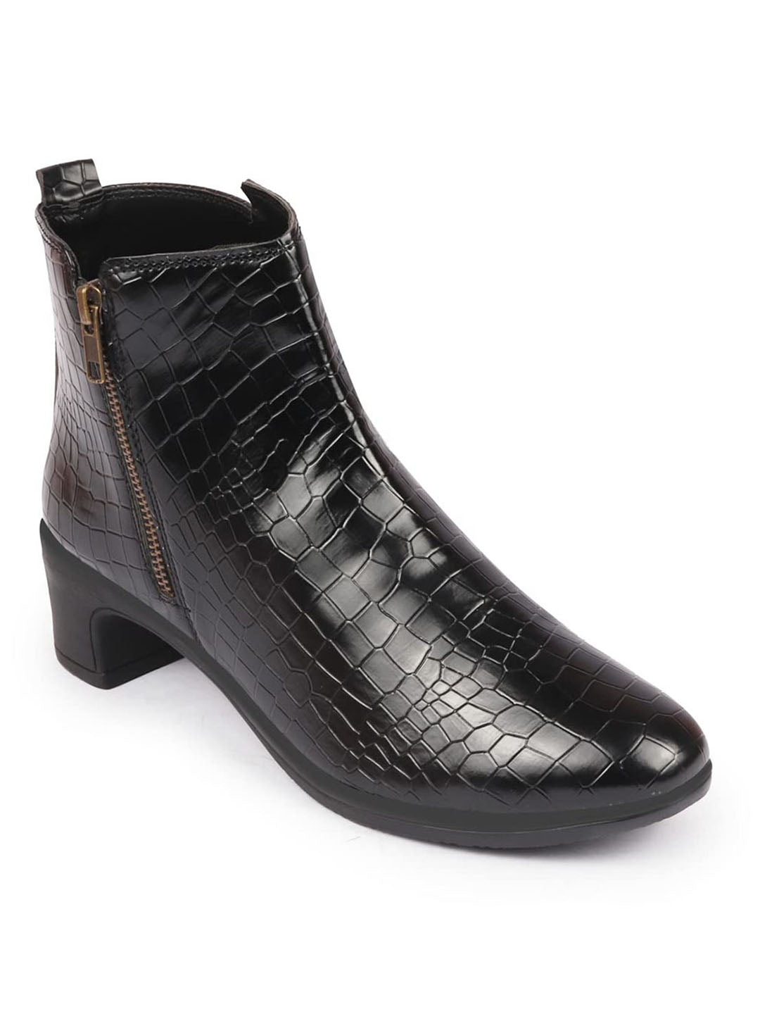 Women Black Flared Heel Mid Top Leopard Print Embossed Design Side Zipper Classic Boots