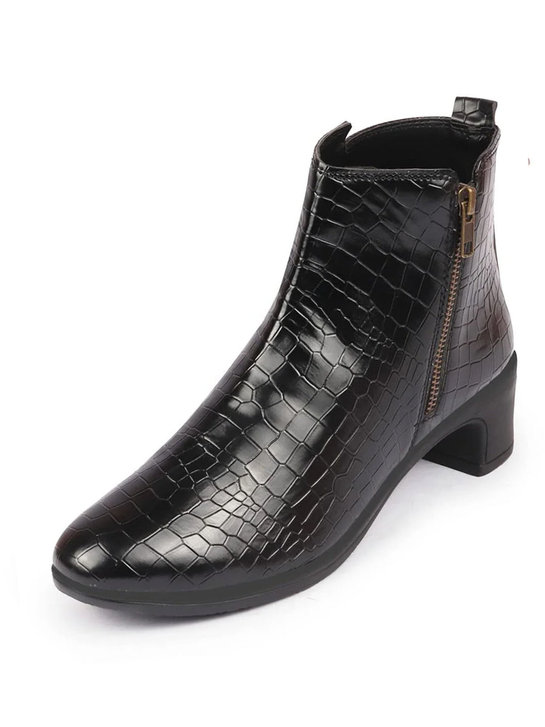 Women Black Flared Heel Mid Top Leopard Print Embossed Design Side Zipper Classic Boots