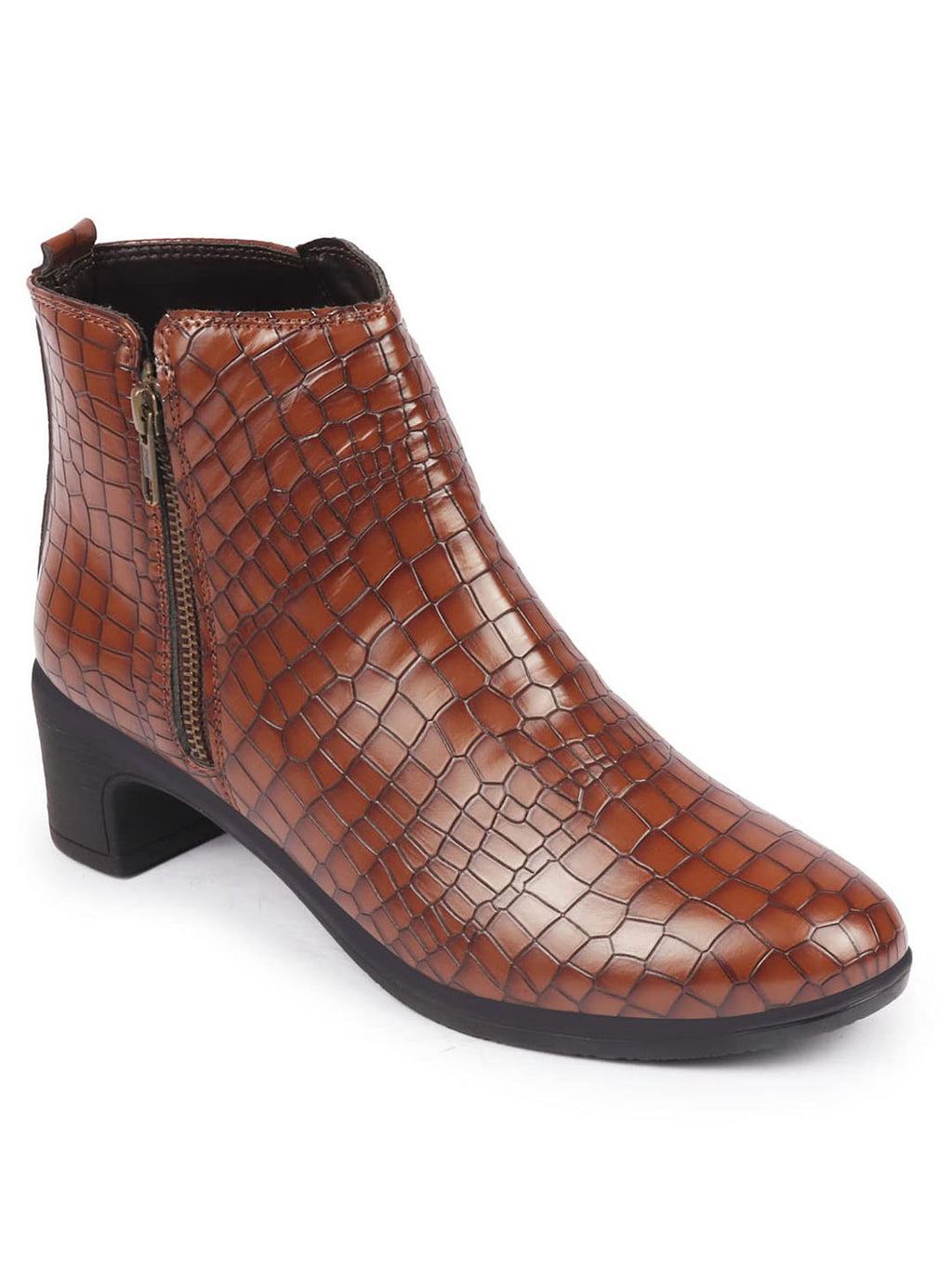 Shop Women Tan Flared Heel Mid Top Leopard Print Embossed Design Side Zipper Classic Boots Online.