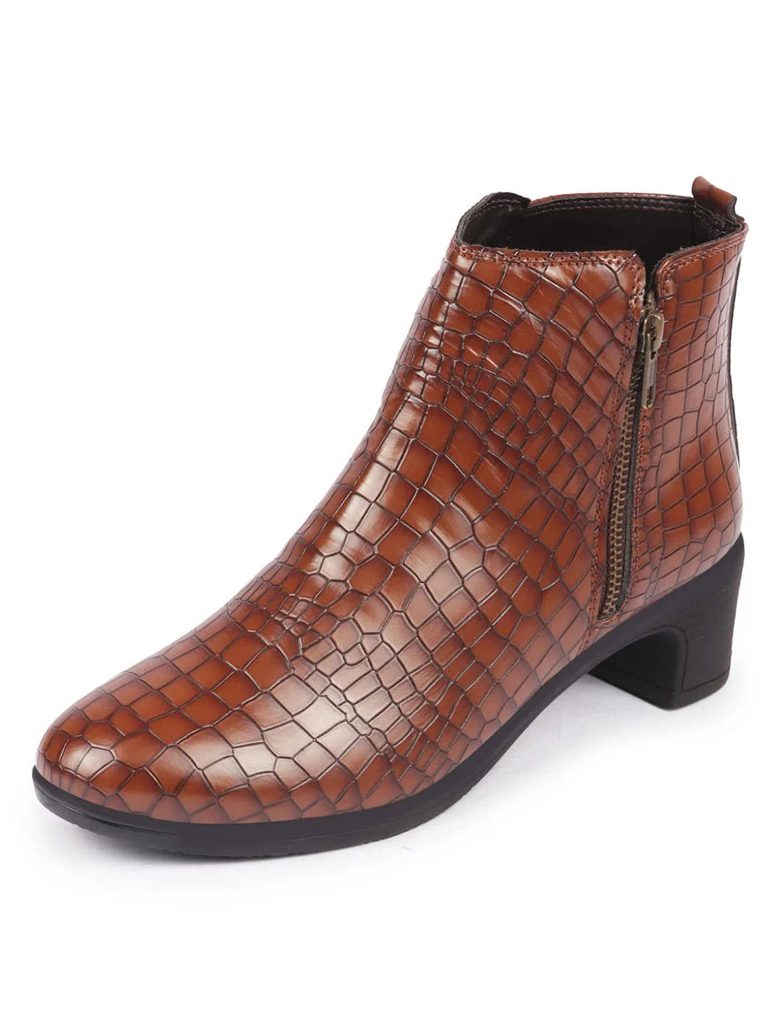 Shop Women Tan Flared Heel Mid Top Leopard Print Embossed Design Side Zipper Classic Boots Online.